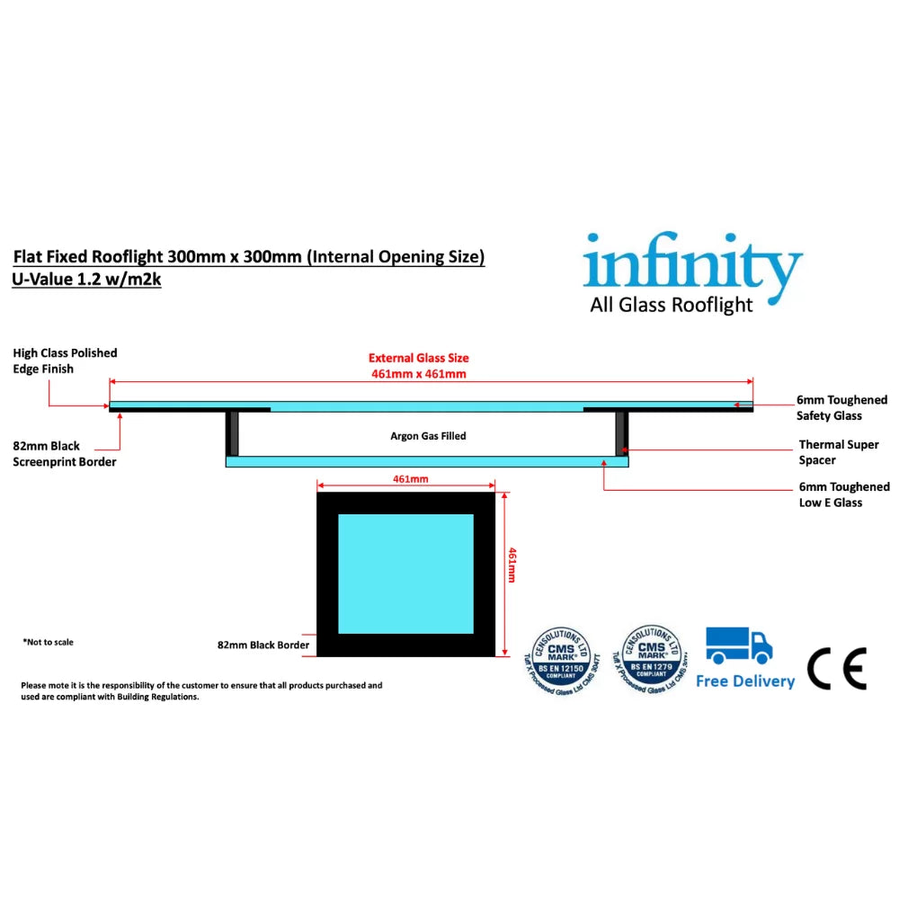 Infinity Frameless Flat Glass Rooflight - Double Glazed